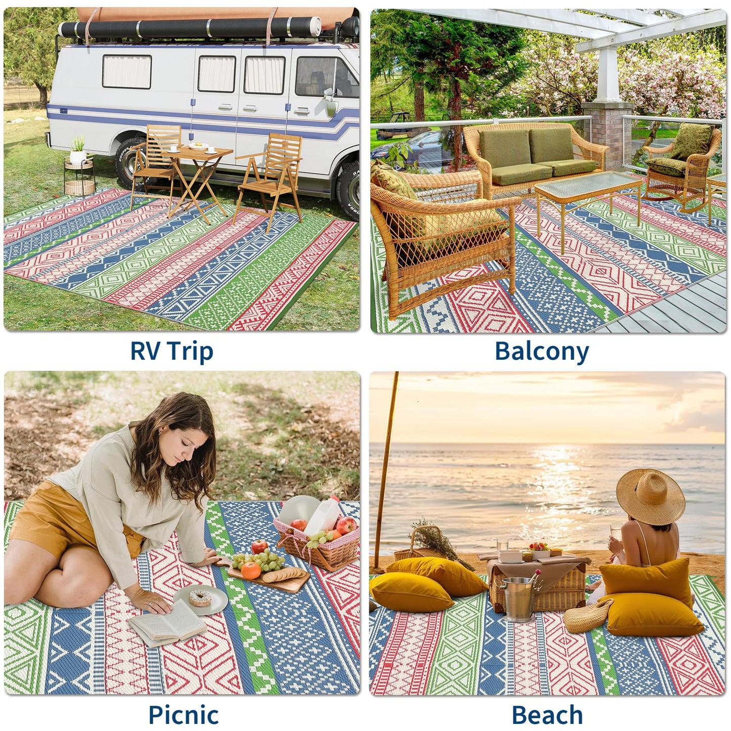 LUXLOOM Outdoor Patio Rug 10x20 Outdoor Rug Boho Plastic Straw Rugs for Patio Reversible Mat Waterproof Camping Rugs for RV Beach Deck Picnic Backyard Porch Easy Clean Floor Cover, Green Blue