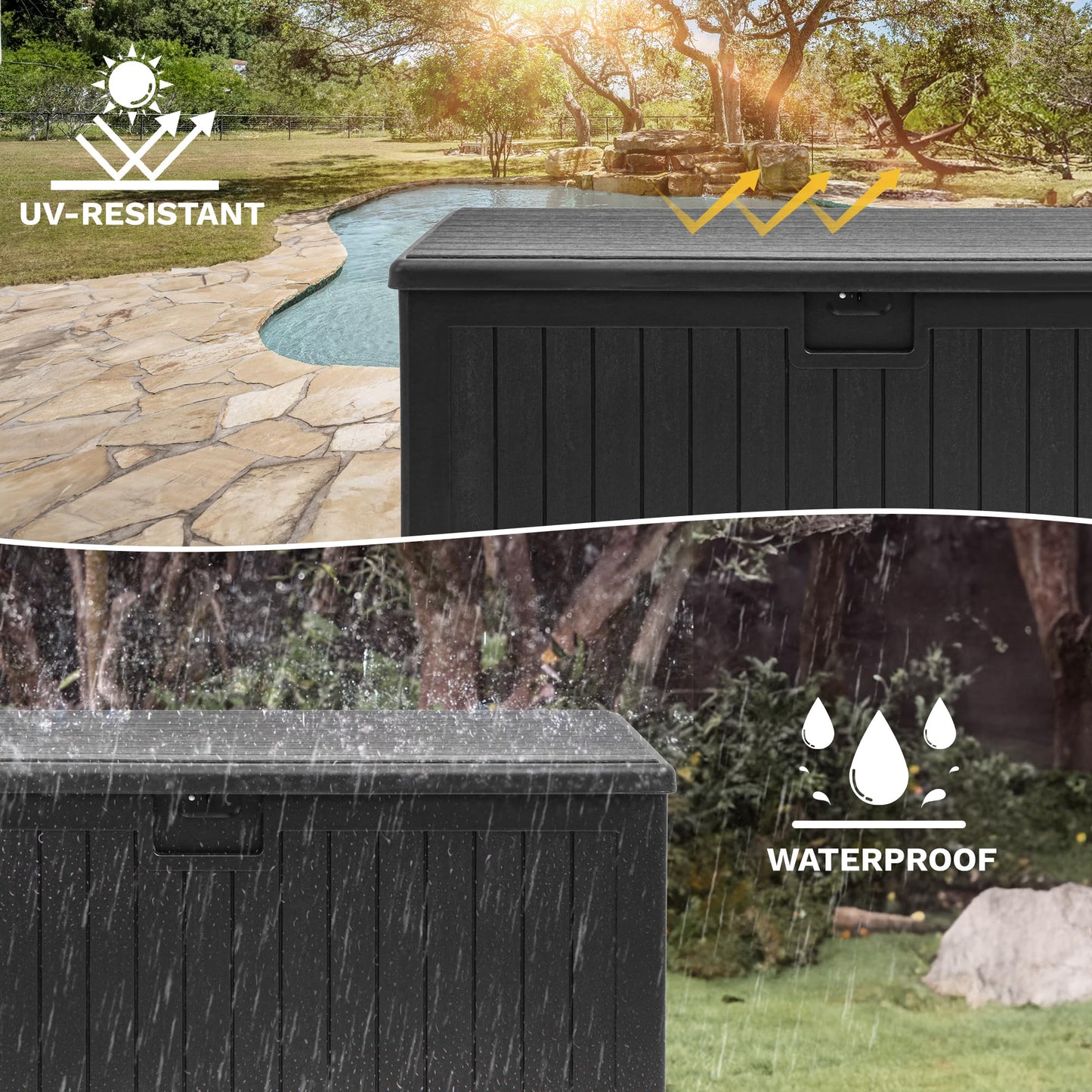 DWVO 180 Gallon Resin Outdoor Storage Box, XXL Double-Wall Waterproof Deck Box, Doubles as Table or Seating with 1000 lbs Capacity, Lockable (Black)