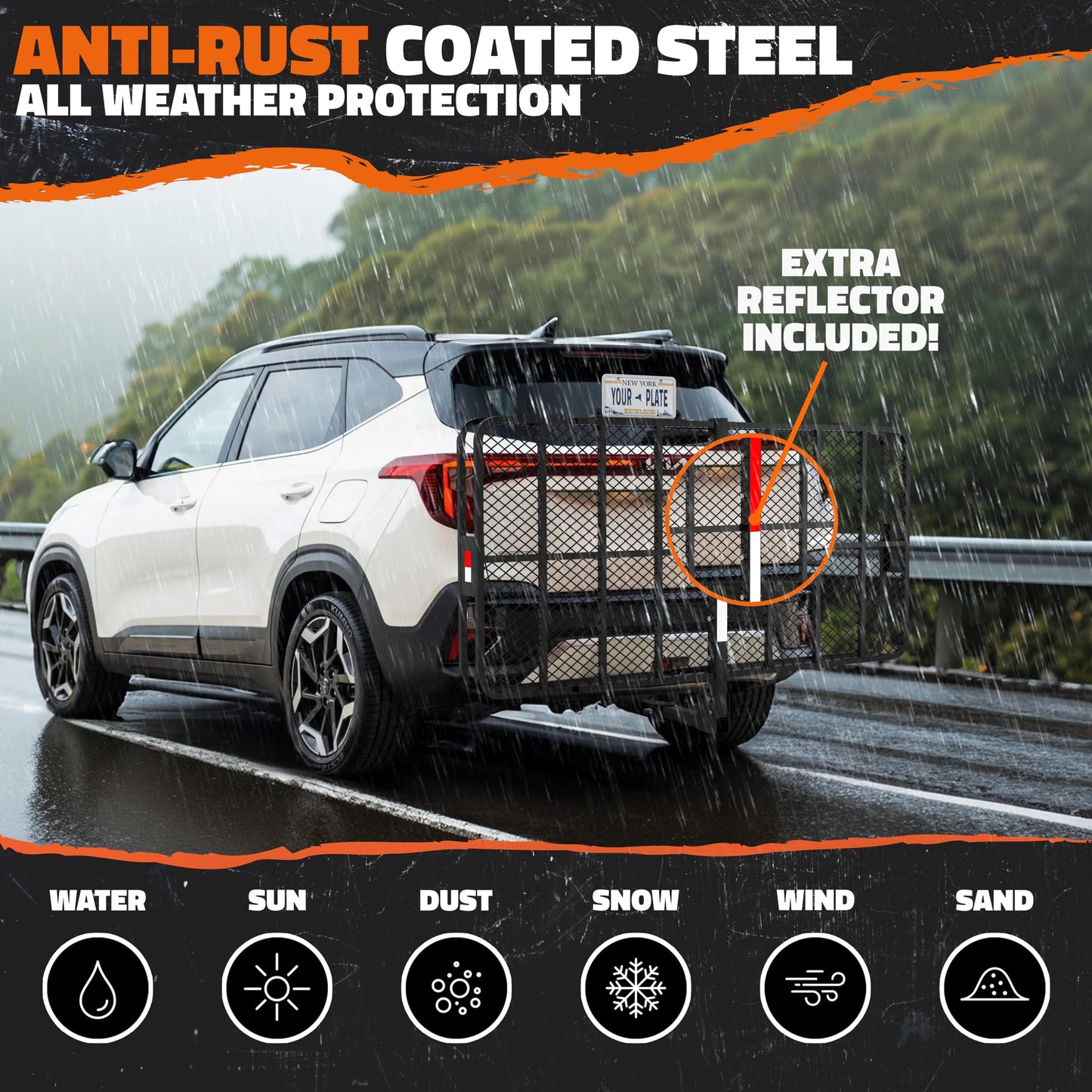 Mockins 72"x36"x6" XXL Folding Trailer Hitch Cargo Carrier w/Rear Lights & Plate Bracket | All-Weather Steel Luggage Rack for SUV Car & Truck | 500Lbs Cap Cargo Racks for Trailer Hitch & Accessories