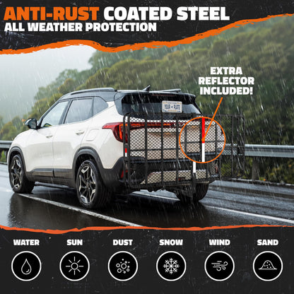 Mockins 72"x36"x6" XXL Folding Trailer Hitch Cargo Carrier w/Rear Lights & Plate Bracket | All-Weather Steel Luggage Rack for SUV Car & Truck | 500Lbs Cap Cargo Racks for Trailer Hitch & Accessories