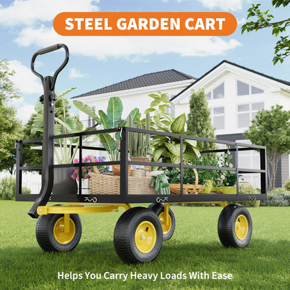 Heavy Duty Steel Garden Cart, 1200 Lbs Garden Wagon with 13" All Terrain Tires, 3-in-1 Metal Utility Wagon with Removable Mesh Side Panels and 180° Rotating Handle for Yard, Lawn and Garden