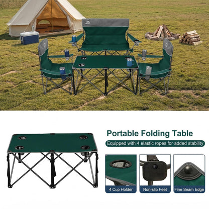 LANMOUNTAIN Oversized 4 Pcs Camping Chair Set with Table,Outdoor Folding Heavy Duty Lawn Chair,Cup Holder,Portable,Loveseat Chair Perfect for Family Hiking,Picnics and Beach Trips,Dark Green