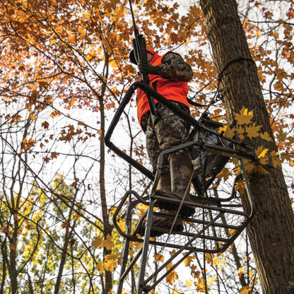 Rivers Edge® Retreat™ LS 1-Man Ladder Stand, 17’11” Height, Lockdown™ Strapping System, Flip-Up TearTuff™ Mesh Seat, 27” Deep Platform, 2-Way Adjustable Shooting Rail, RE670