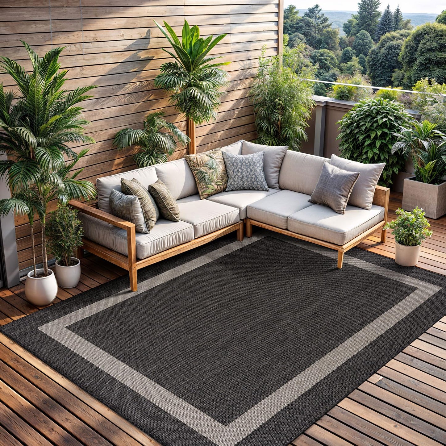 CAMILSON Outdoor Rug 8x10,Modern Outside Rugs for Patios Porches Waterproof Durable Washable Non-Shedding, Easy-to-Clean Indoor Outdoor Area Carpet (8 x 10, Bordered - Dark Gray/Light Gray)