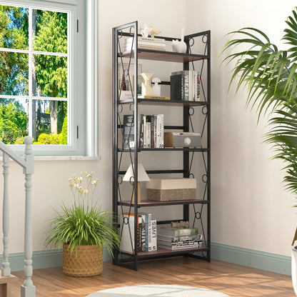 VECELO Folding Bookshelf,5 Shelf Bookcase No Assembly, Industrial Metal Frame Shelves Rack Organizer for Living Room, Office,Walnut 2 Set