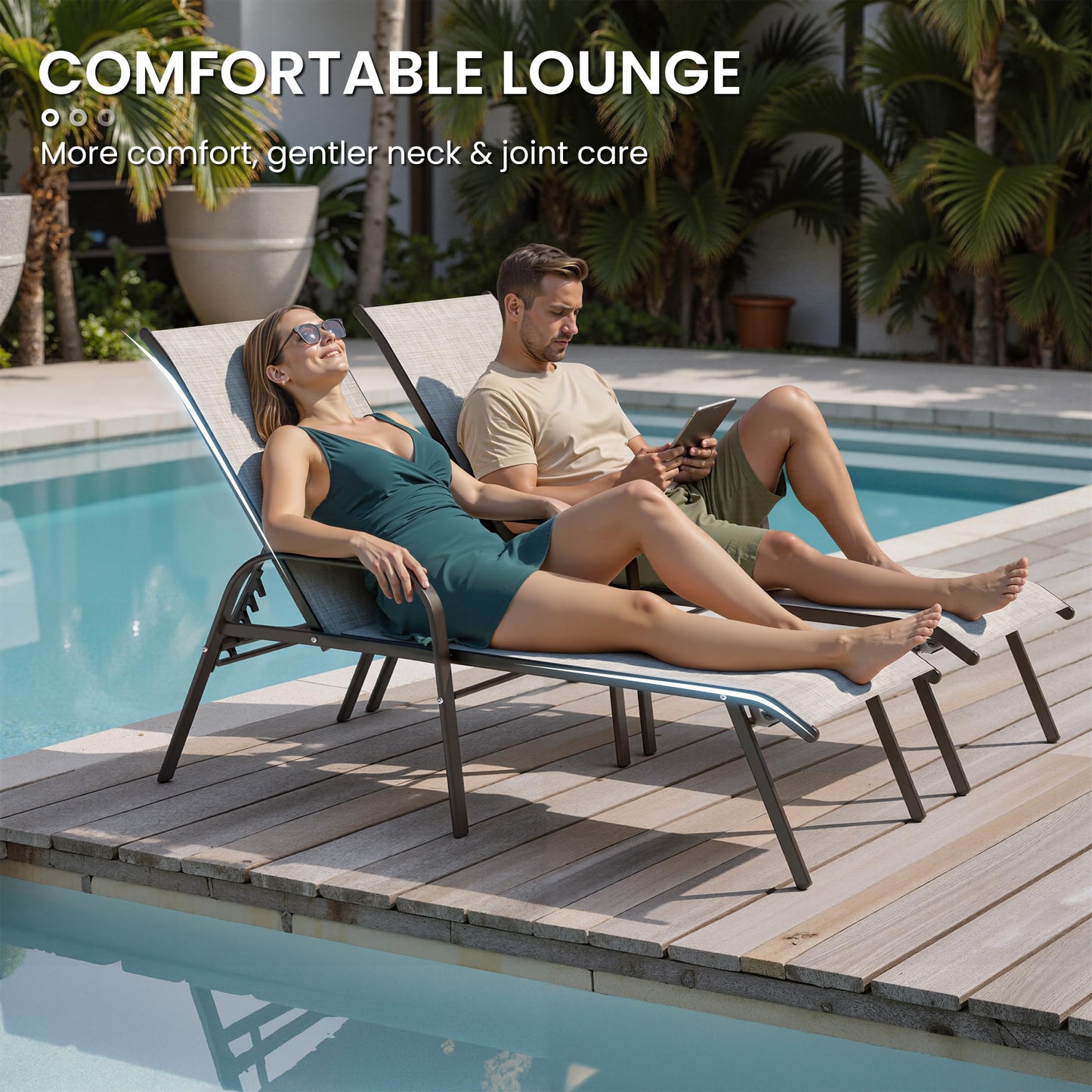 Crestlive Outdoor Chaise Lounge Chair,5-Position Pool Lounge Chairs with Armrests Sunbathing Recliner for Patio,Beach,Deck,Yard (2PC Beige)