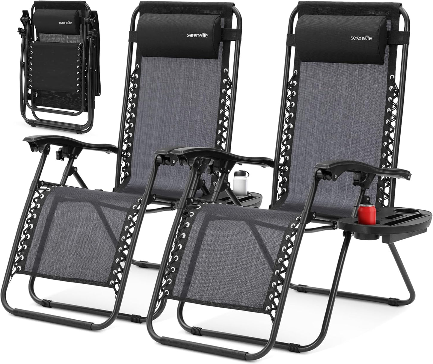 SereneLife Zero Gravity Lounge Chairs 2-Pack - Adjustable Folding Recliners with Side Table & Cup Holder - Black Patio Chairs for Lawn, Garden, Camping