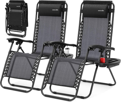 SereneLife Zero Gravity Lounge Chairs 2-Pack - Adjustable Folding Recliners with Side Table & Cup Holder - Black Patio Chairs for Lawn, Garden, Camping