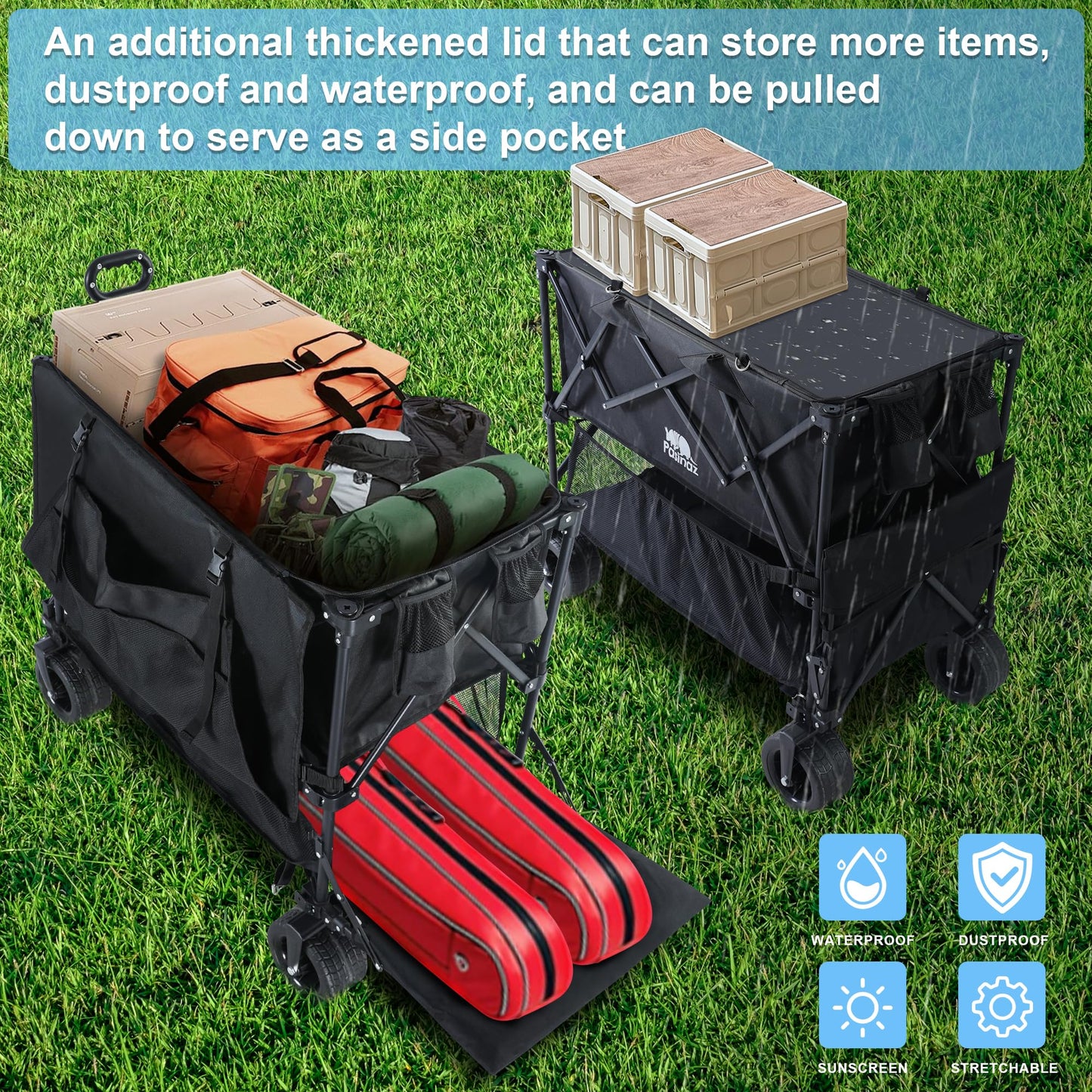 700lb Double Decker Wagon Collapsible Cart Foldable Heavy Duty Wagon Collapsible，400L,54" Extended Foldable Cart with Wheels for Camping Fishing & Outdoor Use, Beach cart，