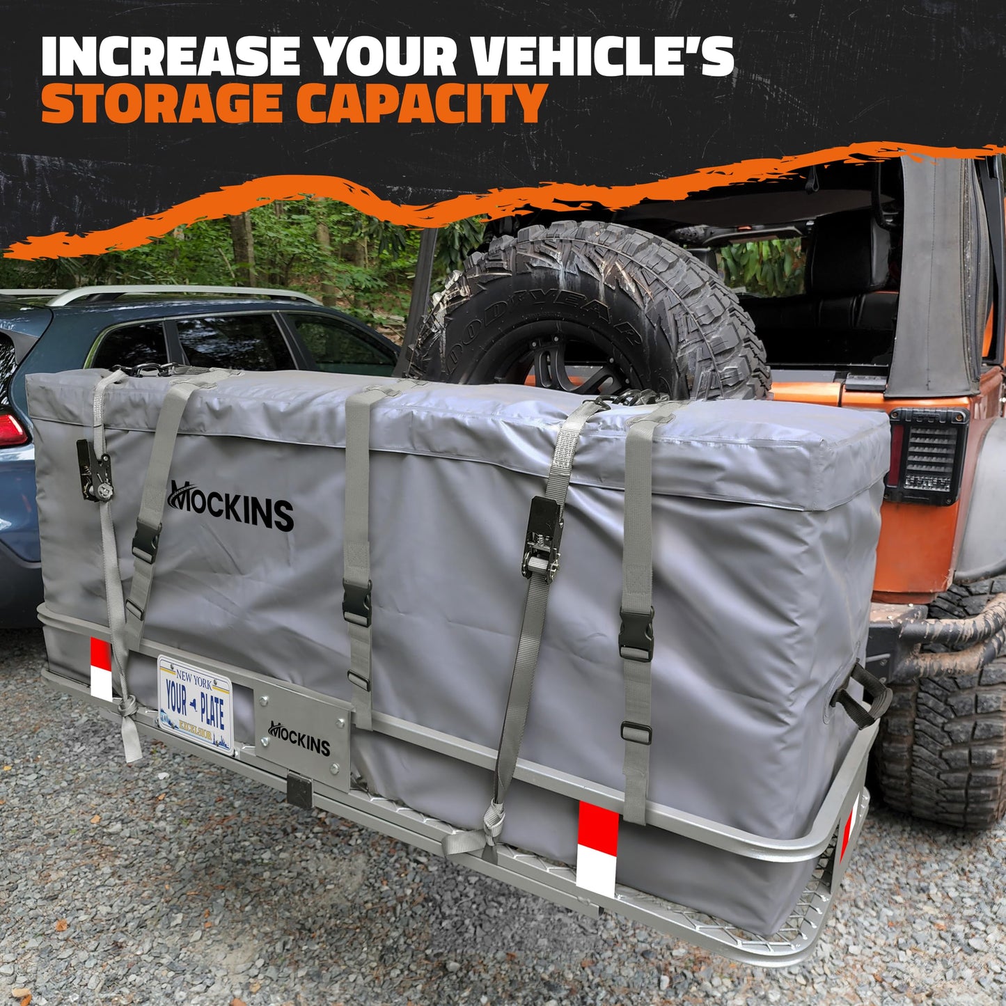 Mockins 60"x20"x6" Gray Heavy Duty Trailer Hitch Cargo Carrier & 16 CuFt Waterproof Cargo Bag for Hitch Carrier | 500 Lbs. Capacity Folding Luggage Rack for SUV Car Truck Van & RV w/Cargo Accessories