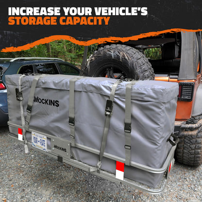 Mockins 60"x20"x6" Gray Heavy Duty Trailer Hitch Cargo Carrier & 16 CuFt Waterproof Cargo Bag for Hitch Carrier | 500 Lbs. Capacity Folding Luggage Rack for SUV Car Truck Van & RV w/Cargo Accessories