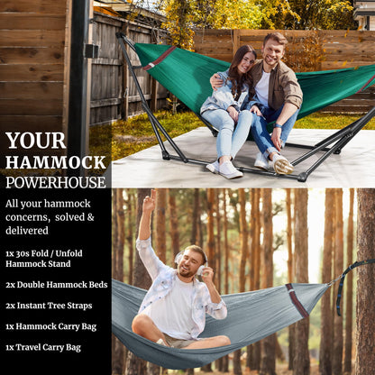 Tranquillo Combo x2 Hammocks with Stand for Outside & Tree Straps, Heavy Duty Hammock with Stand 600lbs for Indoor Outdoor Patio Backyard, x2 Hammocks for 2 Person (Combo - Peacock, Medium)