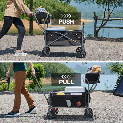 EVER ADVANCED Collapsible Push & Pull Shopping Cart with Wheels & Brakes, Foldable Wagon for Groceries with Practical Basket, Side Pockets & Cup Holders, Beach Utility Rolling Cart for Camping, Black