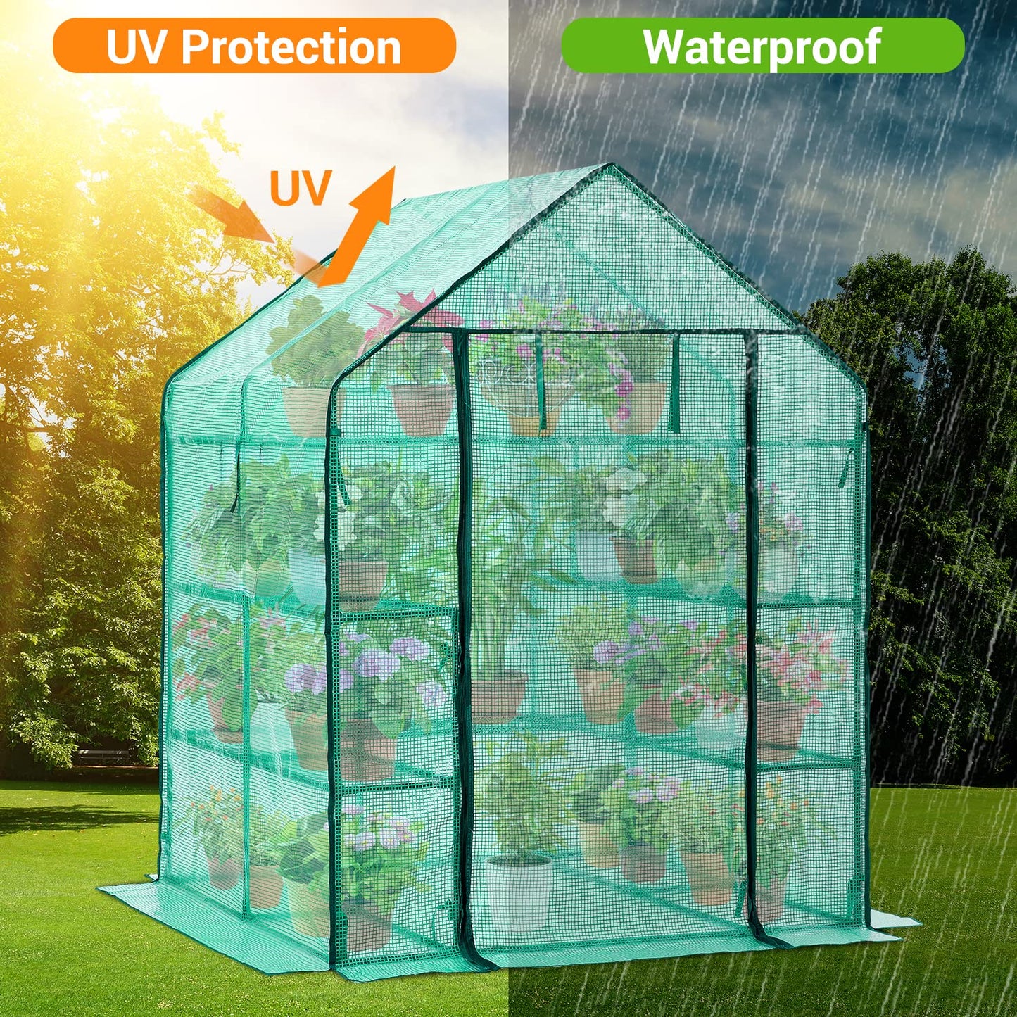 Ohuhu 4 Tiers 11 Shelves Greenhouses with 3" x 98' Repair Tape, Outdoor Walk-in Green House with Reinforced Clear Plastic Film Tape