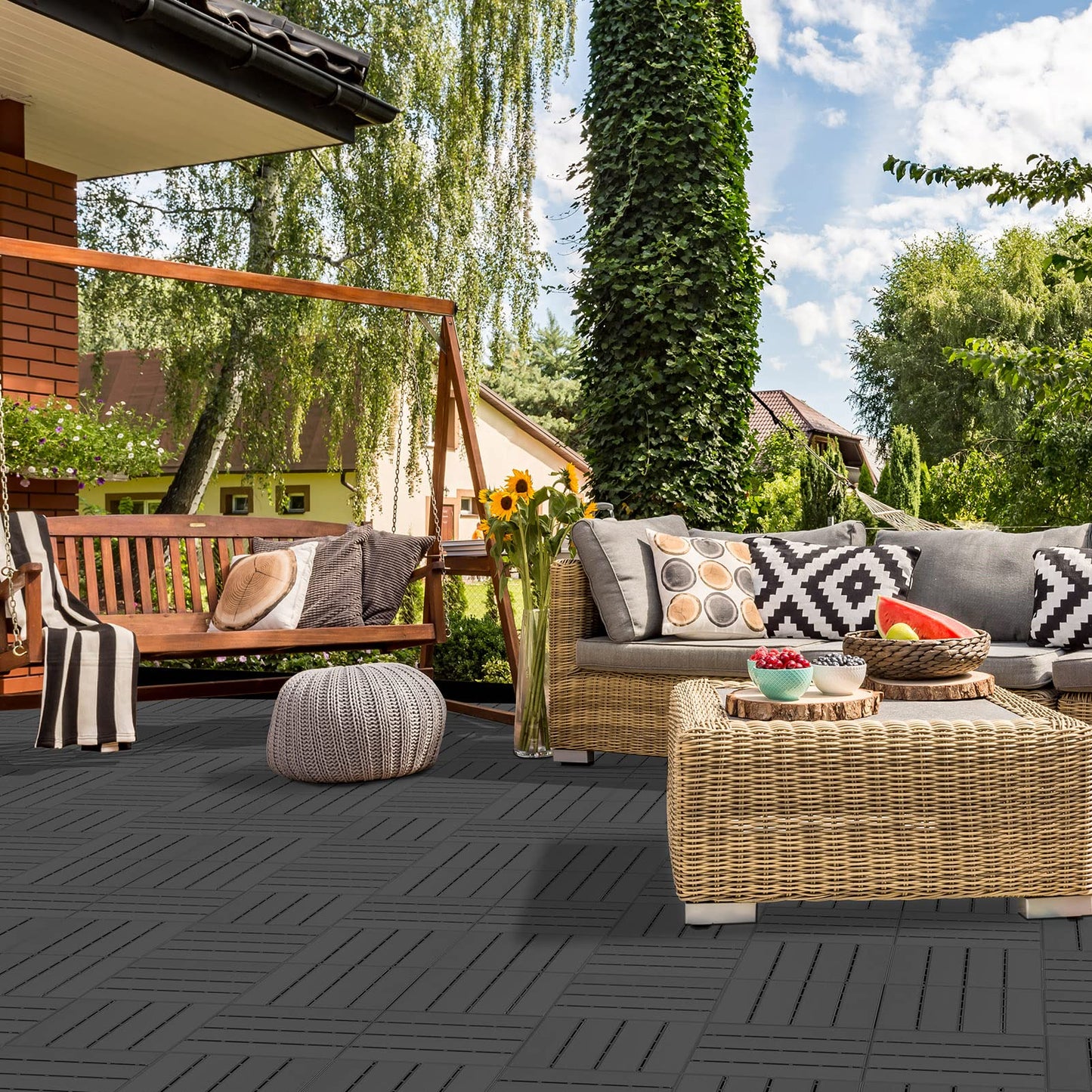 Goovilla Plastic Interlocking Deck Tiles, 36 Pack Balcony Flooring, 12"x12" Waterproof Outdoor Flooring All Weather Use, Patio Floor Decking Tiles for Porch Poolside Backyard Concrete, Dark Grey