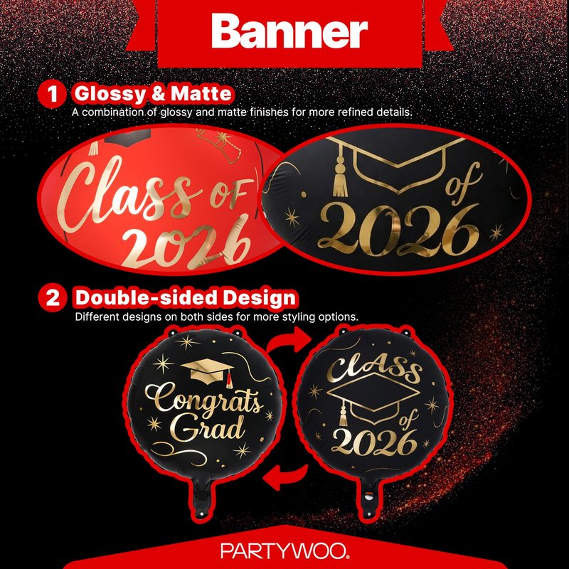PartyWoo Graduation Balloons Class of 2026 Black Red Gold 12pcs Balloons 40 Inch 2026 Foil Number Balloons 18 Inch Congrats Grad Mylar Balloons for Black Red Graduation Decorations Party Supplies