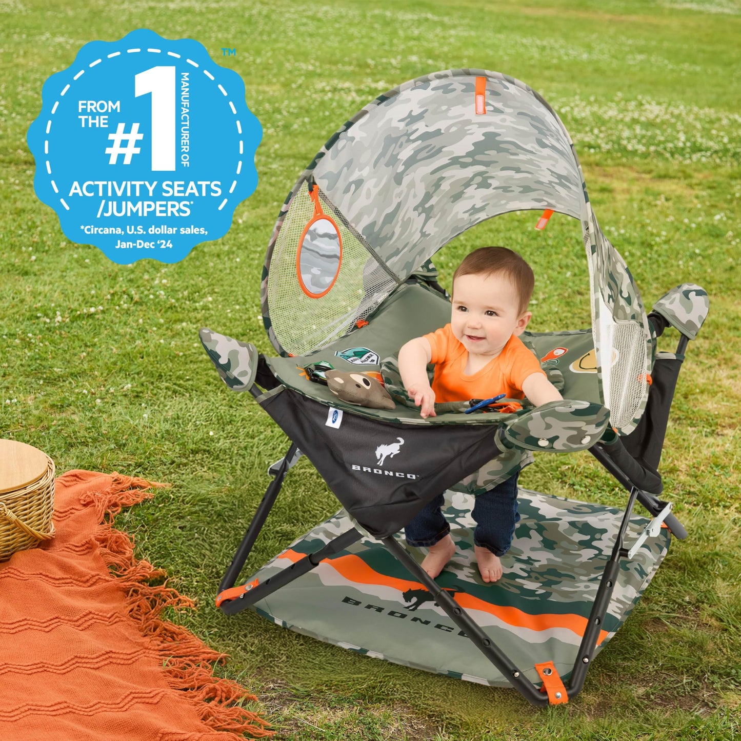 Bright Starts Ford Bronco Pop 'N Jump Portable Baby Jumper, Foldable Indoor/Outdoor Baby Jumper with Sensory Activities, Ages 6-12 Months