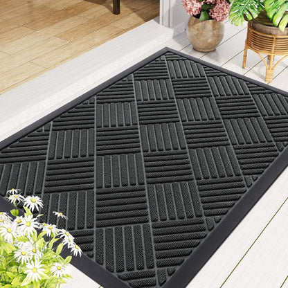 Smiry Front Door Mat Outside Entrance, Heavy Duty Outdoor Indoor Natural Rubber Doormat, Non Slip, Trap Dirt and Moisture, Easy Clean, Low Profile Patio Porch Entryway Mat, 29.5x17, Black