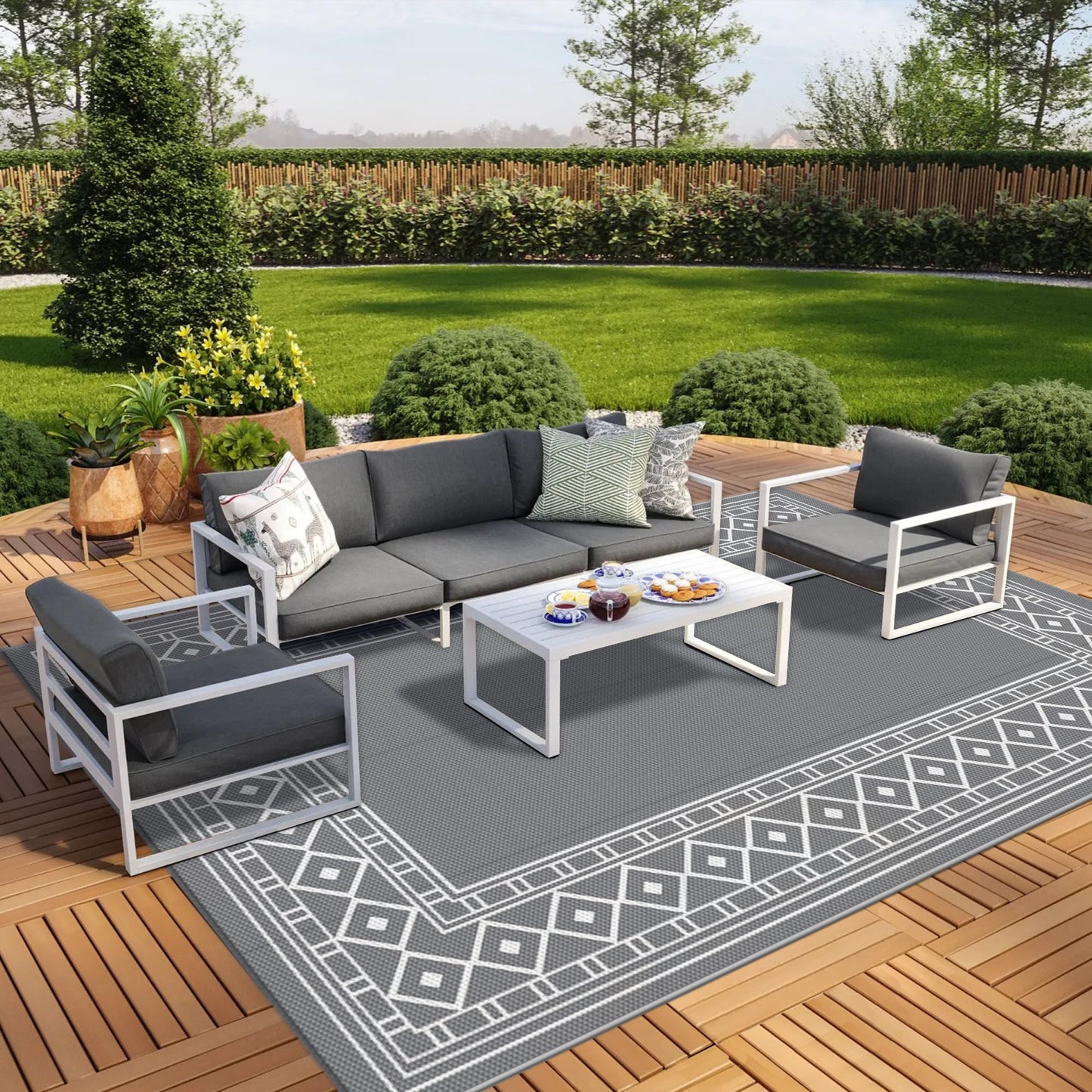 GENIMO Outdoor Rug Waterproof for Patio Decor, 10'x20' Foldable Reversible Plastic Straw Carpet, Outside Area Mat for Rv, Deck, Picnic, Porch, Camper, Balcony, Beach, Grey & White