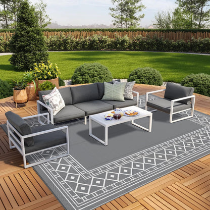 GENIMO Outdoor Rug Waterproof for Patio Decor, 10'x20' Foldable Reversible Plastic Straw Carpet, Outside Area Mat for Rv, Deck, Picnic, Porch, Camper, Balcony, Beach, Grey & White