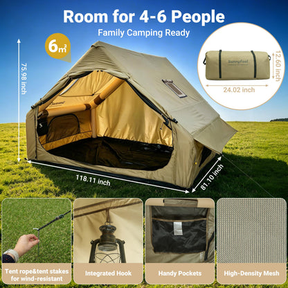 Inflatable Glamping Camping Tent 4-6 Person, 5 Min Quick Setup Tent with Pump, Waterproof Windproof Heavy Duty Oxford, Panoramic Skylight, 4 Season Family Outdoor Shelter