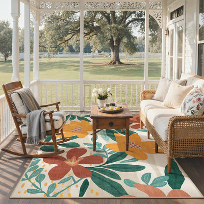 GENIMO Indoor Outdoor Area Rug 8'x10', Machine Washable Rugs for Patio, Waterproof, Non-Slip Easy Cleaning Floral Outdoor Mat Carpet for Living Room, Bedroom, RV, Balcony, Deck, Camping,Sage Orange
