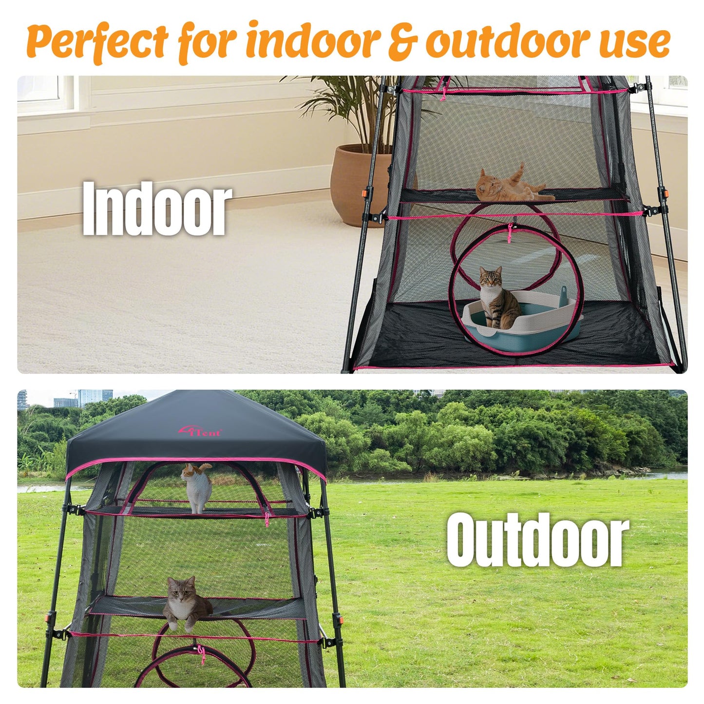 Pop Up Catio Cat Enclosure for Indoor and Outdoor with Waterproof Bottom,3 Tier Spacious Cat Tower Tent,Portable Outdoor Cat Tent for Patio,Balcony, Deck & Camping Weatherproof & Sunproof-Rose