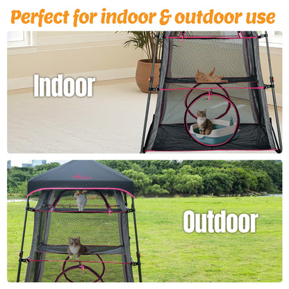 Pop Up Catio Cat Enclosure for Indoor and Outdoor with Waterproof Bottom,3 Tier Spacious Cat Tower Tent,Portable Outdoor Cat Tent for Patio,Balcony, Deck & Camping Weatherproof & Sunproof-Rose