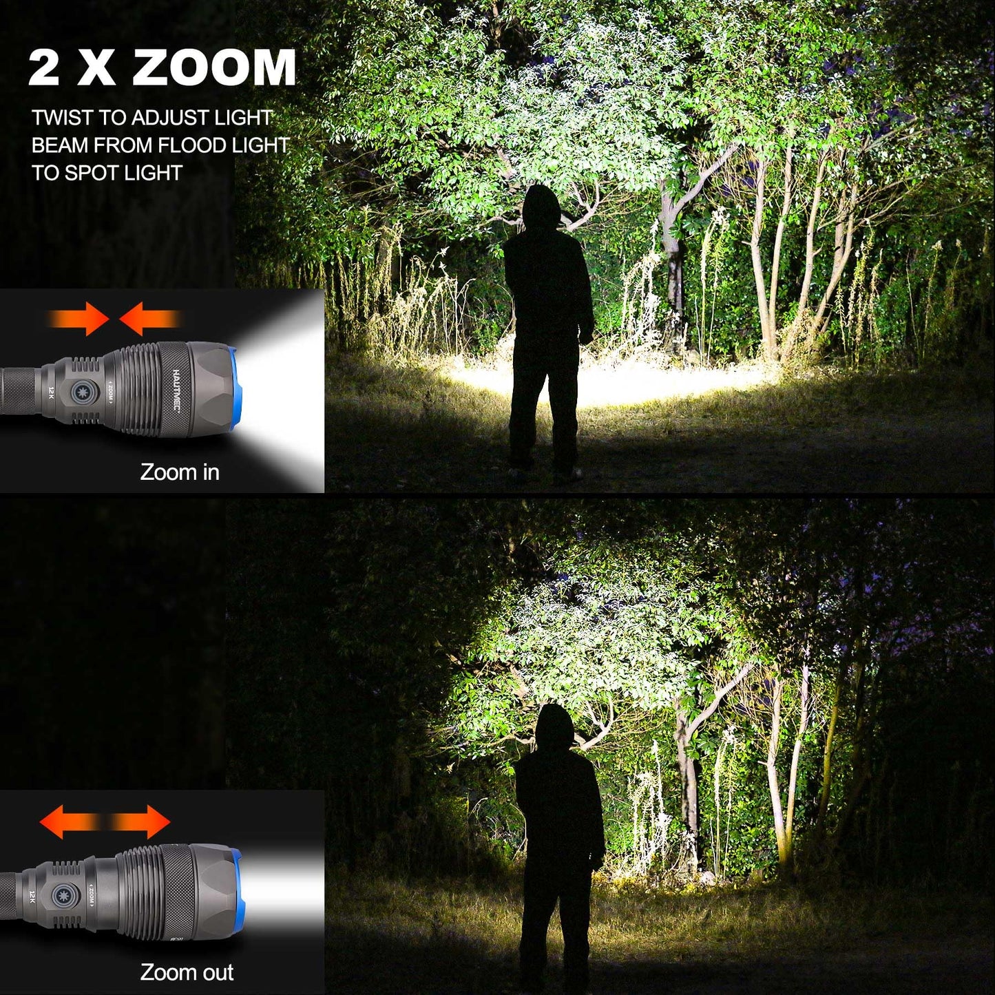 HAUTMEC Rechargeable Flashlights 12000 High Lumens Flashlight, 5 Light Modes Bright Flashlight, 2X Zoom, IP67 Waterproof & Impact-Resistant, and Power Bank, for Emergencies, Hunting, Camping, Hiking