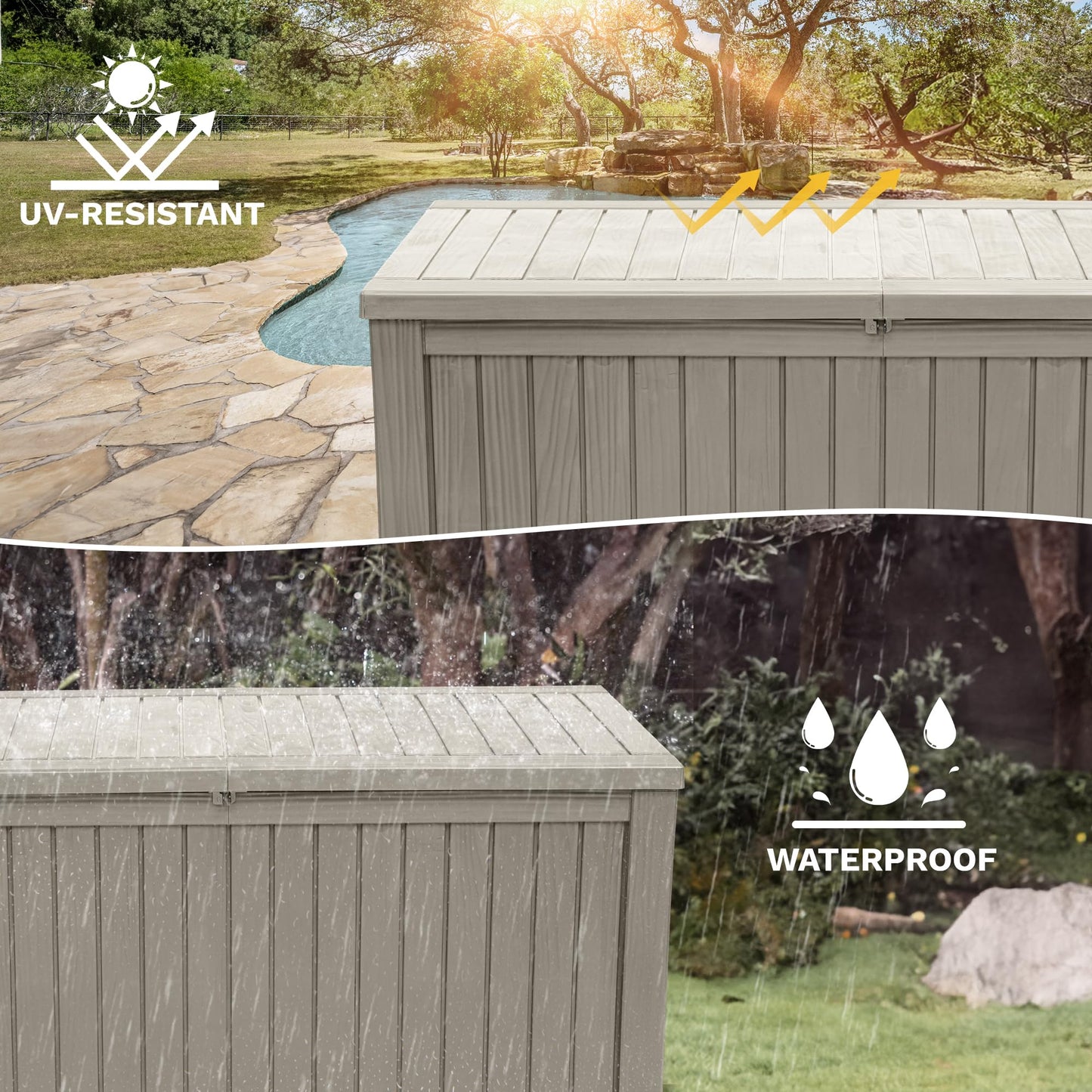 DWVO 180 Gallon XL Deck Box with Divider & Lockable Lid, Waterproof Resin Outdoor Storage for Patio, Garden, Poolside, Cushions, Supplies & Sports Gear, Light Brown