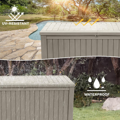 DWVO 180 Gallon XL Deck Box with Divider & Lockable Lid, Waterproof Resin Outdoor Storage for Patio, Garden, Poolside, Cushions, Supplies & Sports Gear, Light Brown