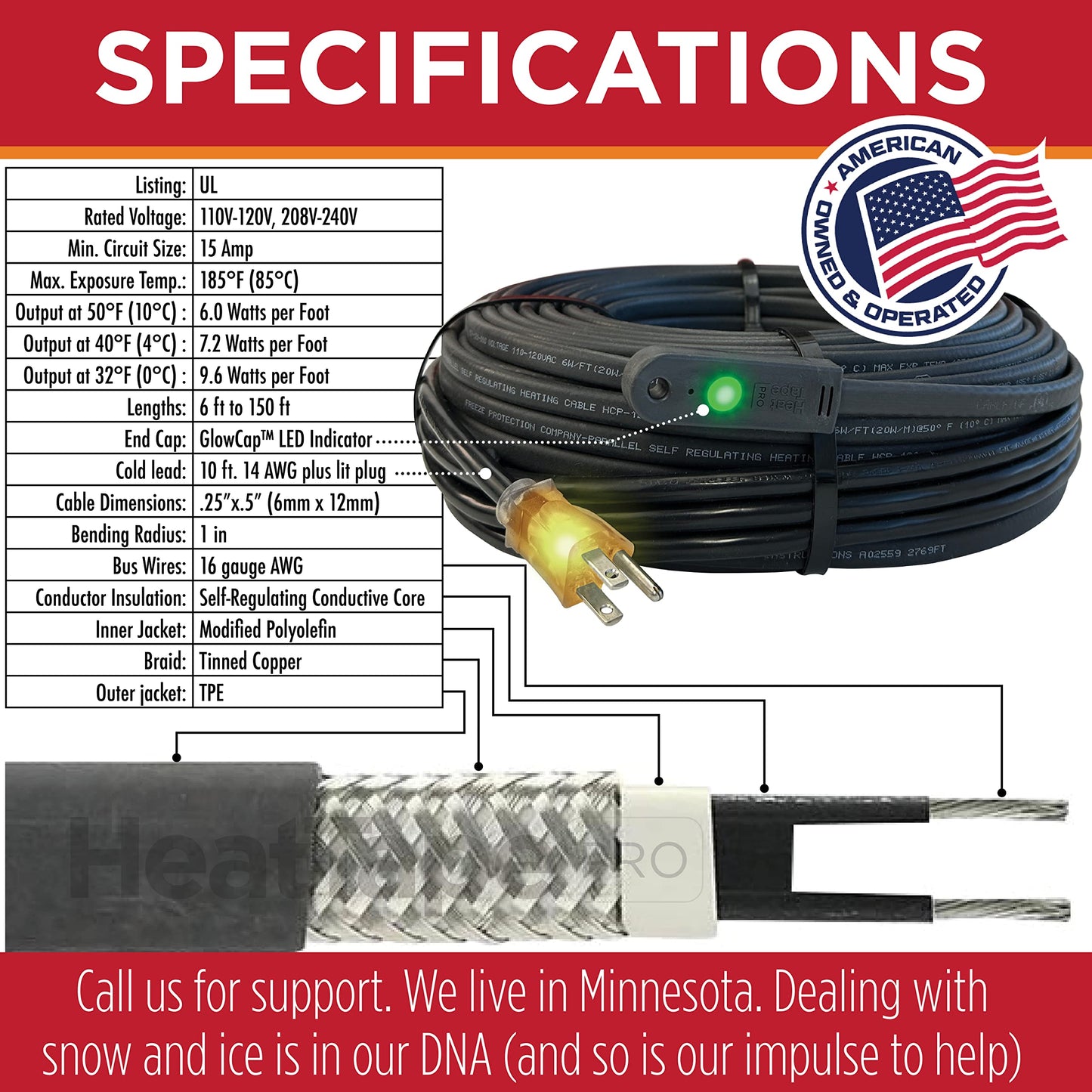 RADIANT SOLUTIONS HeatTapePro - Intelligent Commercial Grade Self-Regulating Heat Cable with GlowCap™ - 10 YR warranty - Ice Dam & Pipe Freeze Protection - 24 ft cable + 10 Ft Cord, 120V, 6 watts/Ft
