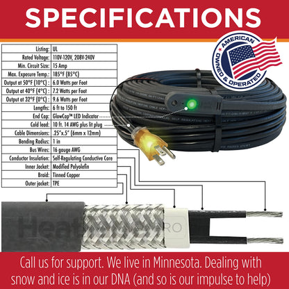 RADIANT SOLUTIONS HeatTapePro - Intelligent Commercial Grade Self-Regulating Heat Cable with GlowCap™ - 10 YR warranty - Ice Dam & Pipe Freeze Protection - 24 ft cable + 10 Ft Cord, 120V, 6 watts/Ft