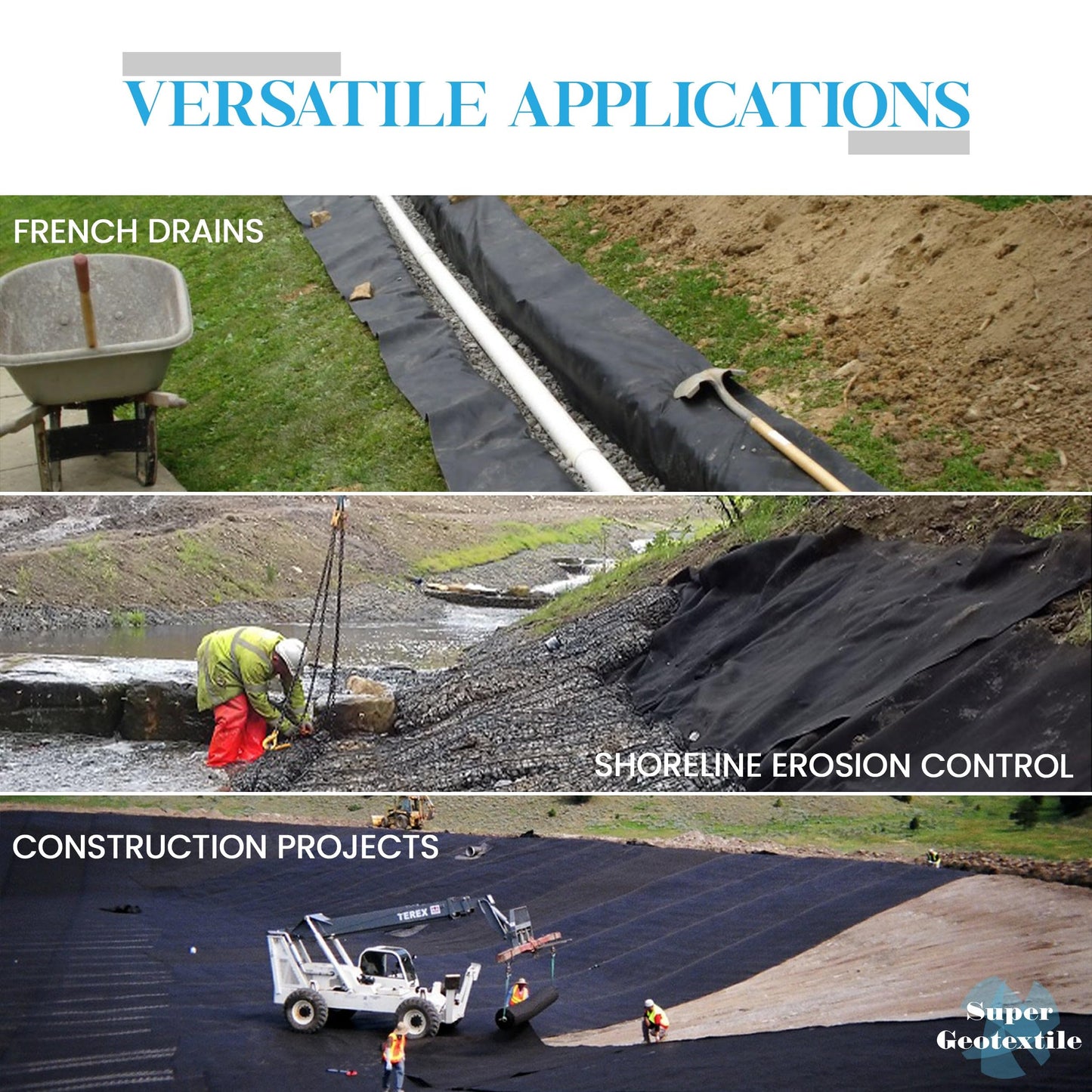 Super Geotextile 4, 6, 8 oz Non Woven Fabric for Landscaping, French Drains, Underlayment, Erosion Control, Construction Projects - 4 oz (3X250)