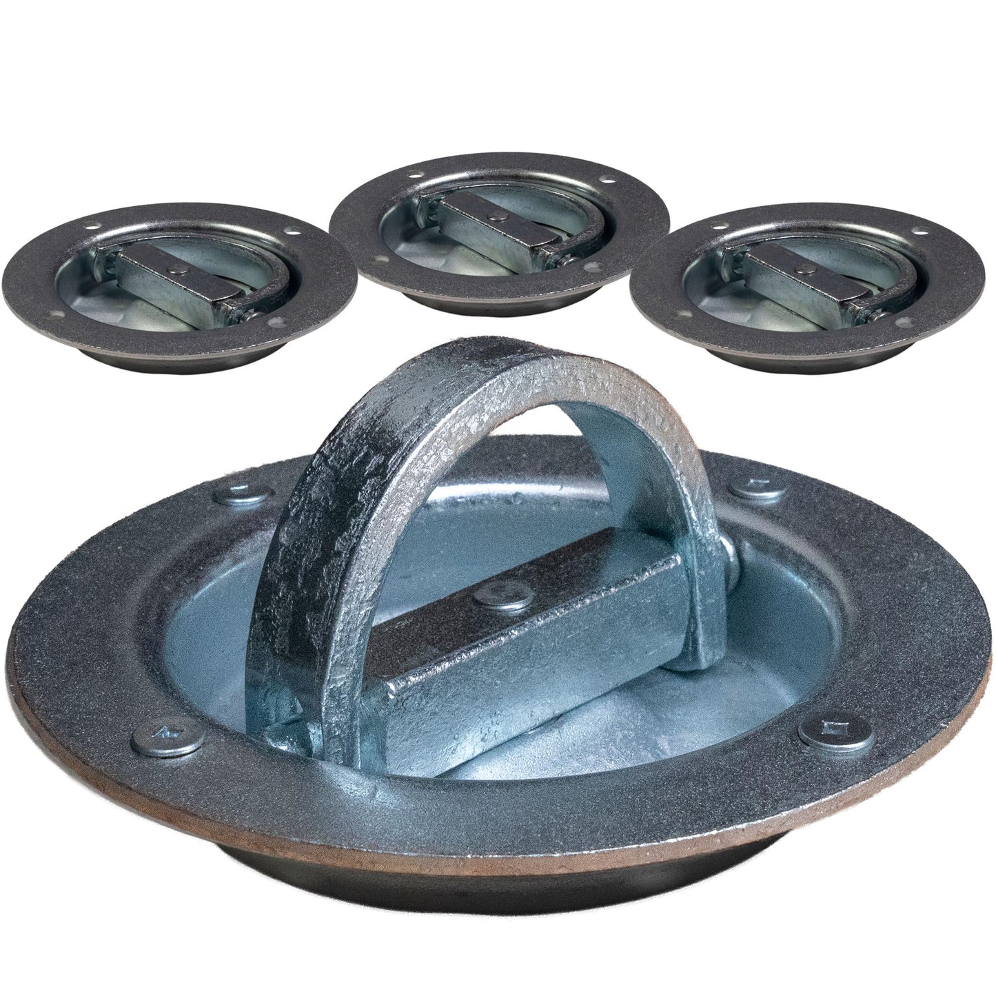 US Cargo Control Recessed D-Ring Rotating Pan Fittings (4-Pack), 6,000 LBS Break Strength, Swivels 360 Degrees, Zinc-Plated 6-Inch Recessed Tie Down Anchors for Trailers and Flatbeds