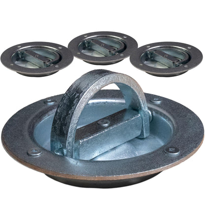 US Cargo Control Recessed D-Ring Rotating Pan Fittings (4-Pack), 6,000 LBS Break Strength, Swivels 360 Degrees, Zinc-Plated 6-Inch Recessed Tie Down Anchors for Trailers and Flatbeds