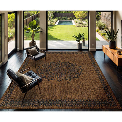 CAMILSON Outdoor Rug 9x12 Medallion Gold Modern Large Area Rugs for Indoor and Outdoor Patios Kitchen and Hallway Mats Washable Porch Deck Outside Carpet (Medallion Gold 9 x 12)