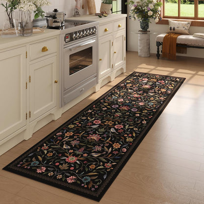 Vintage Medallion Floral Runner Rug - Washable Non-Slip Low Pile Carpet | 2'7"x8' | Black