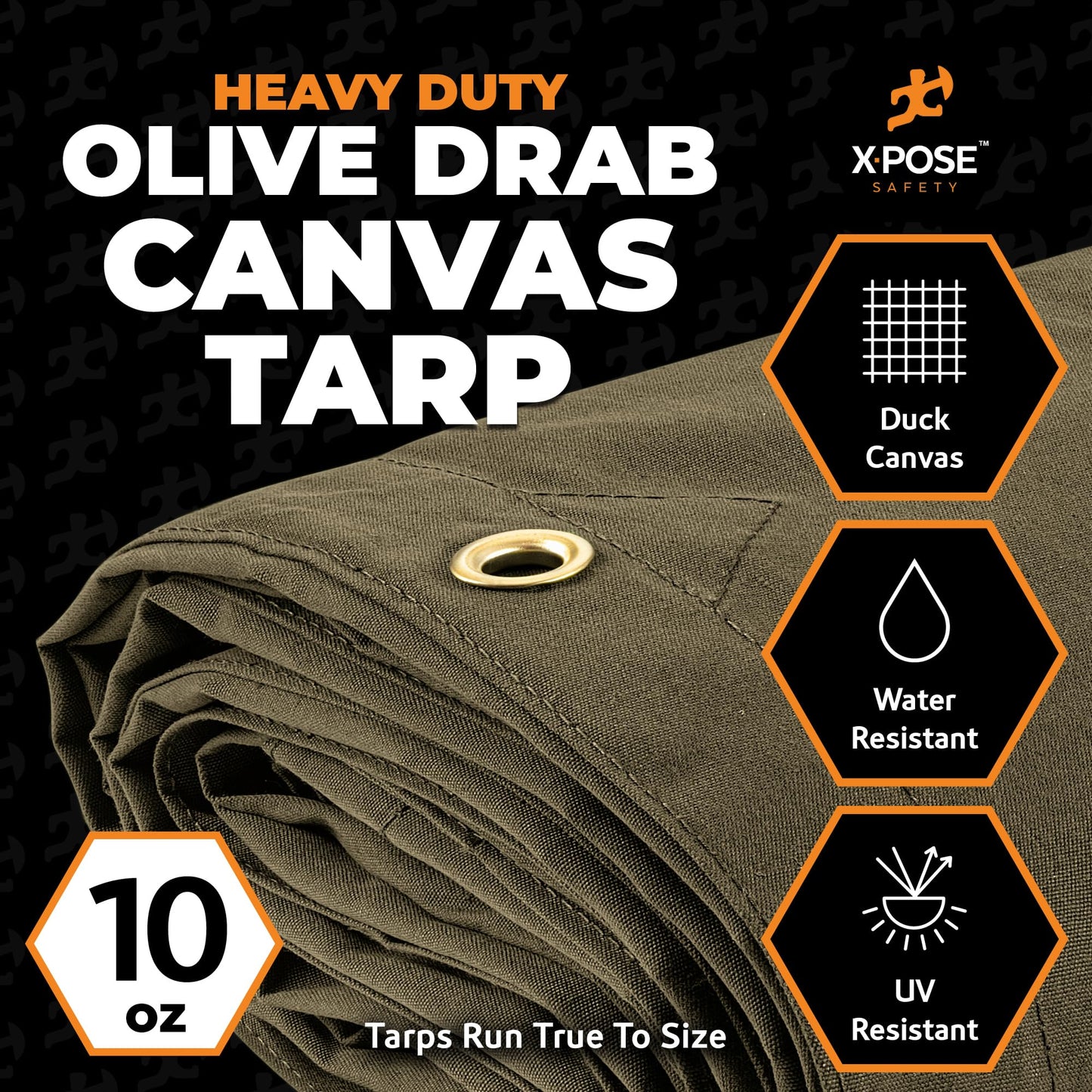 Xpose Safety Canvas Tarp - 10oz Olive Drab Canvas Tarps Heavy Duty Water Resistant with Brass Grommets- Multipurpose Outdoor Tarpaulin for Camping, Canopy, Trailer, Equipment Cover 12' x 24'