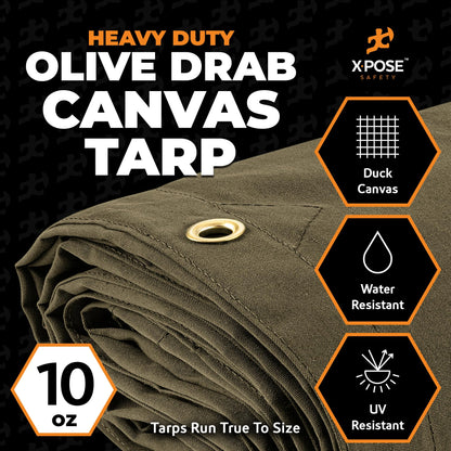 Xpose Safety Canvas Tarp - 10oz Olive Drab Canvas Tarps Heavy Duty Water Resistant with Brass Grommets- Multipurpose Outdoor Tarpaulin for Camping, Canopy, Trailer, Equipment Cover 12' x 24'