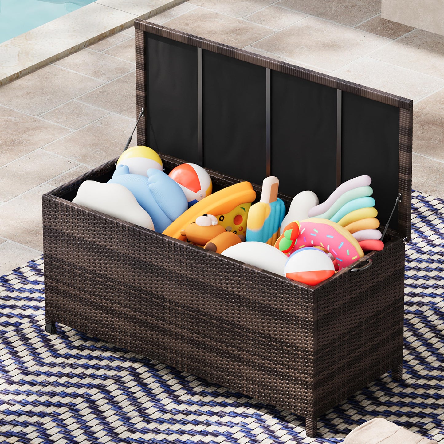 125 Gallon Large Deck Box Waterproof PE Rattan Outdoor Storage Box with Handles and Wheels, Storage Bin for Garden, Balcony, Porch, Pool, Yard