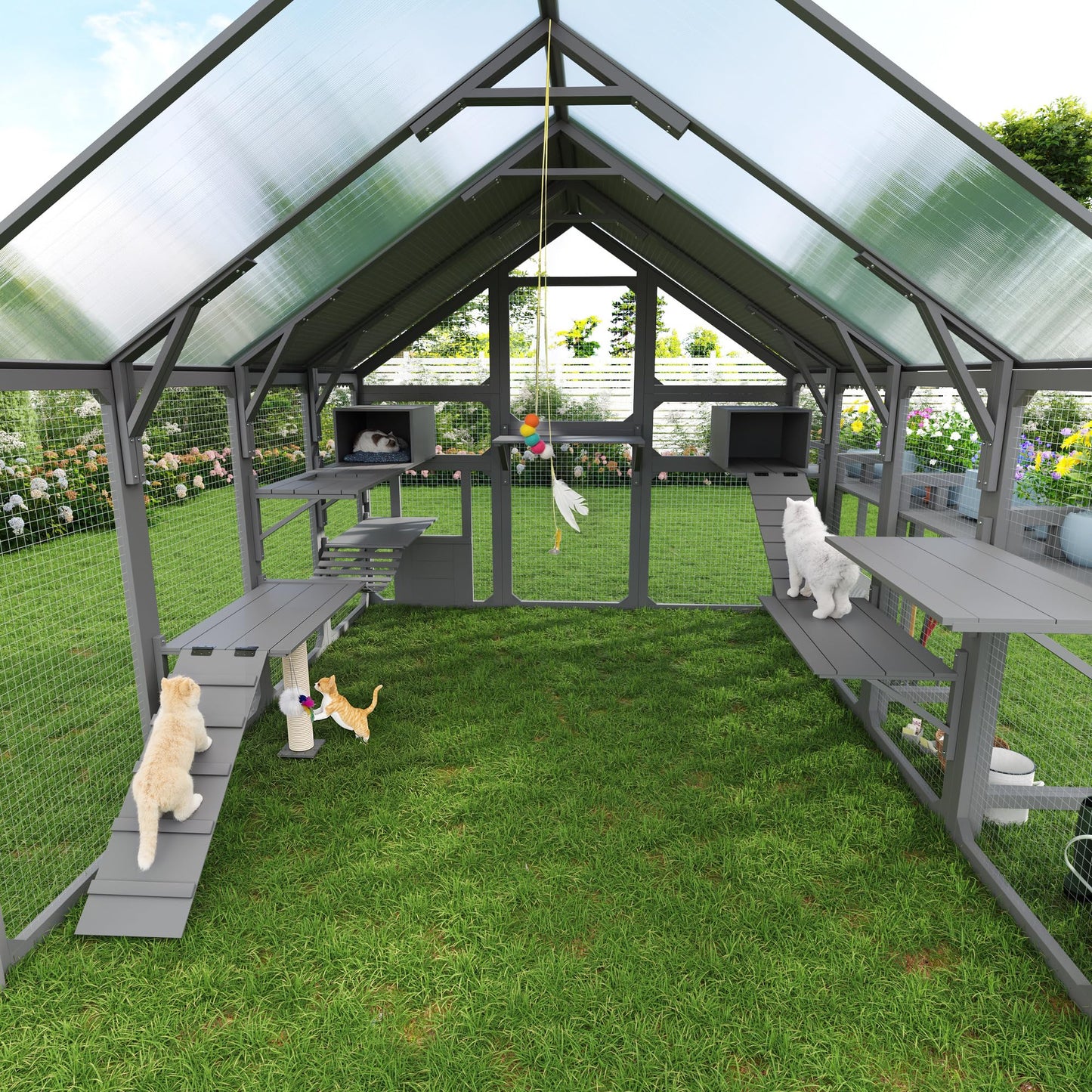 Merax Large Outdoor Cat House with Planter Stand, Wooden Walk-in Catio Enclosure with 8 Platforms, Hanging Bridge, 2 Resting Boxes, Scratching Post, Waterproof Cover for Patio Garden, Grey