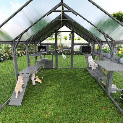 Merax Large Outdoor Cat House with Planter Stand, Wooden Walk-in Catio Enclosure with 8 Platforms, Hanging Bridge, 2 Resting Boxes, Scratching Post, Waterproof Cover for Patio Garden, Grey