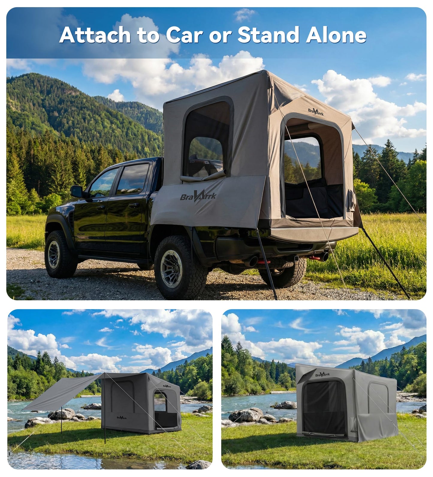 BravArrk Inflatable Truck Bed Tent with Detachable Zippered Awning, Pickup Truck Tent for 5.5ft-8ft Bed, 2 Mins Fast Setup Blow Up Tent for Truck, PU3000 Waterproof Truck Tent for Camping
