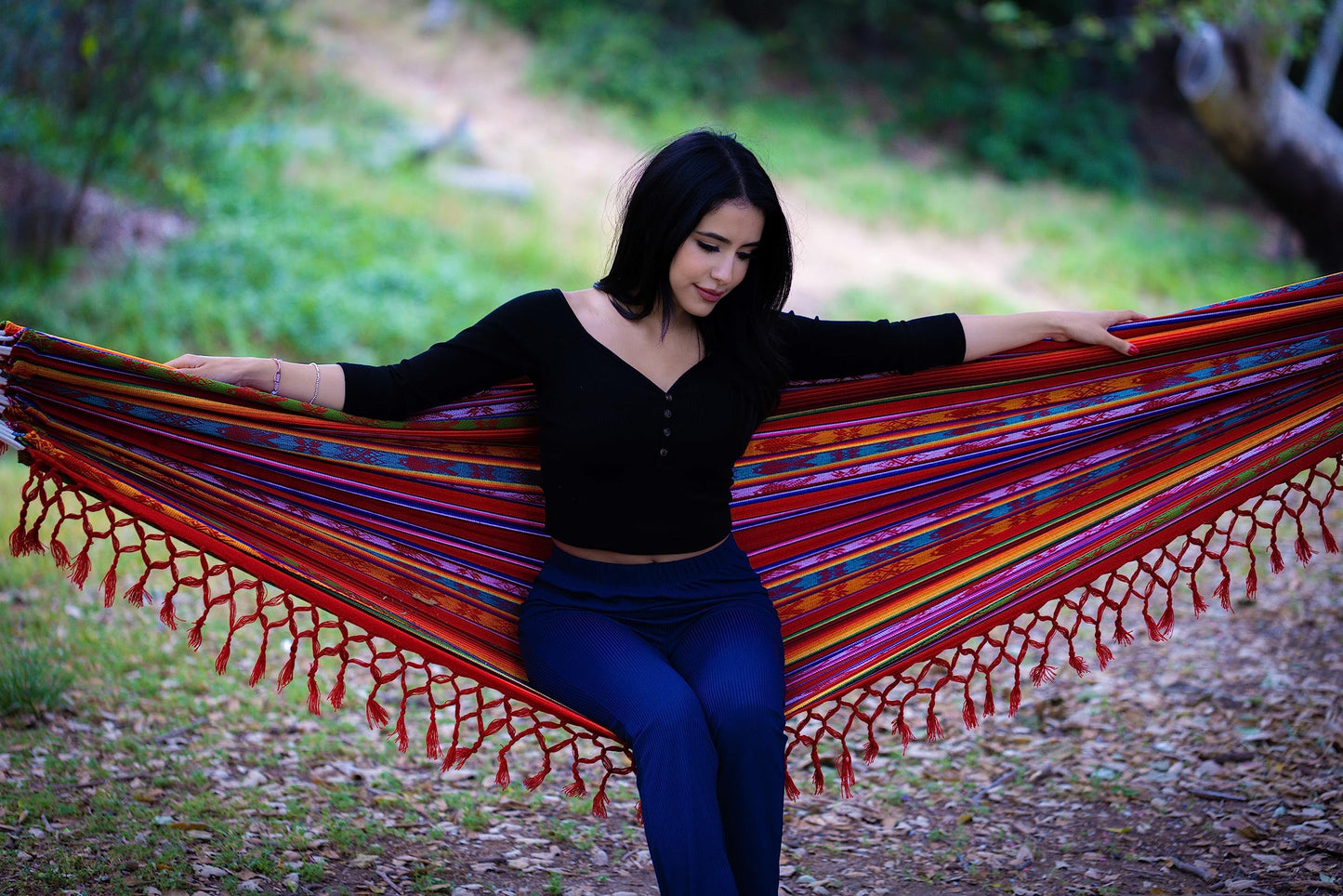 Boho Classic Hammock with Tassel, Handmade, Weather-Resistant, Hammock for Indoor & Outdoor, Lightweight Durable - for Patio, Porch, Backyard Lounging (Inti Red)