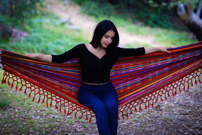 Boho Classic Hammock with Tassel, Handmade, Weather-Resistant, Hammock for Indoor & Outdoor, Lightweight Durable - for Patio, Porch, Backyard Lounging (Inti Red)