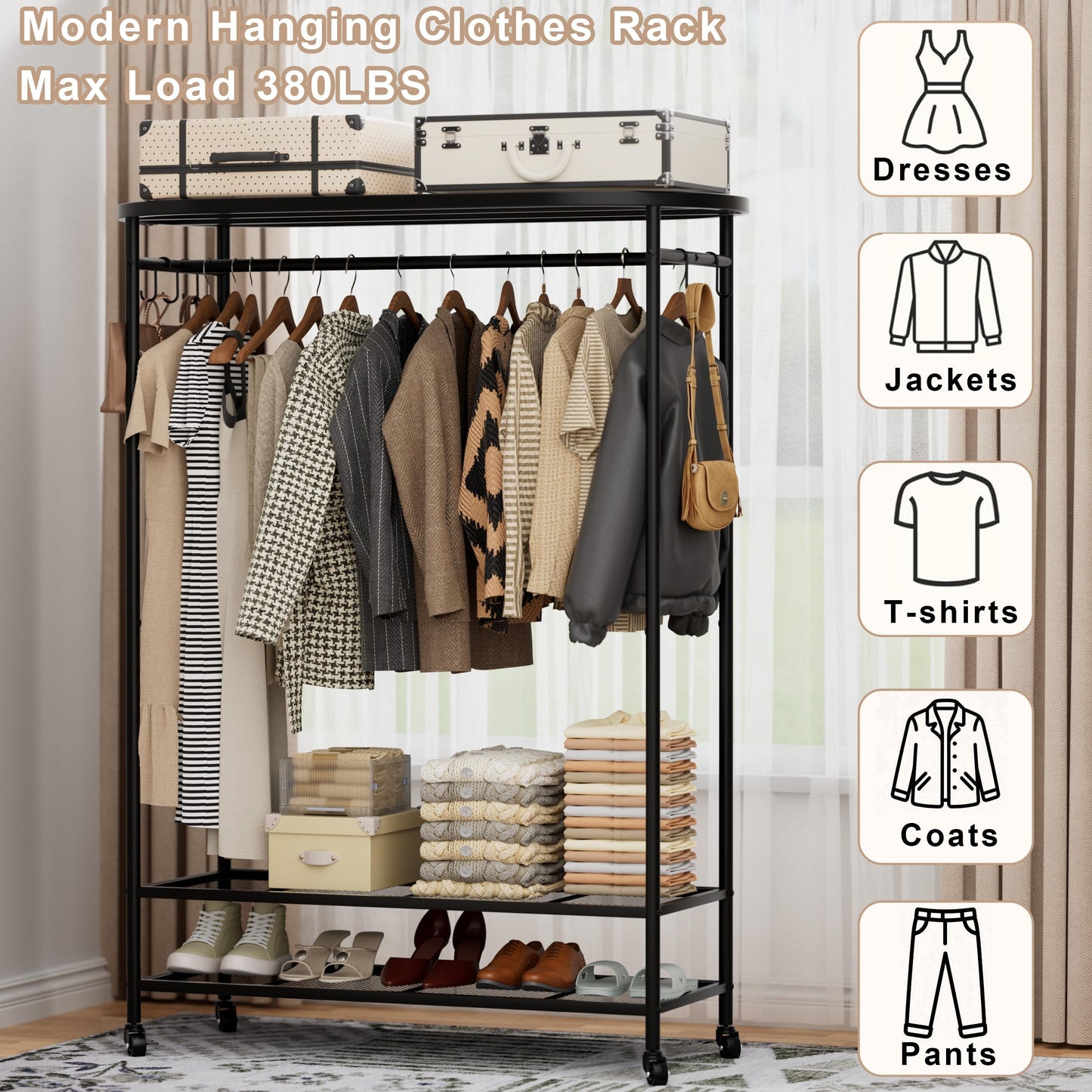 Clothes Rack with Cover, Heavy Duty Portable Closet for Hanging Clothes, Rolling Clothing Closet, Garment Rack with Wheels&Side Hooks, Closet Organizers and Storage with Black Cover, Max Load 380LBS