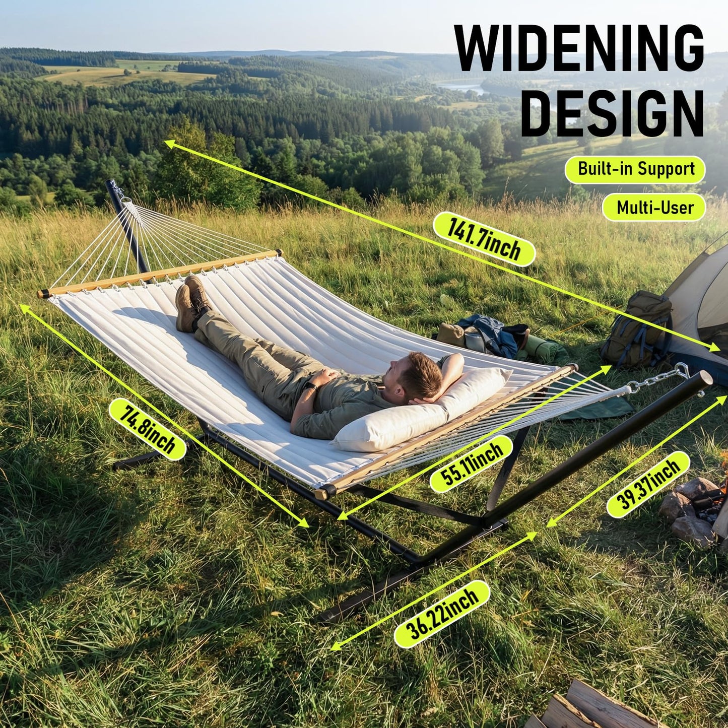 FULIYE Double Hammock with Stand for Outdoor，2 Person Heavy Duty Portable Hammock with Adjustable Steel Stand and Balance Ropes Included – for Patio, Backyard, Garden, Beach((Beige)