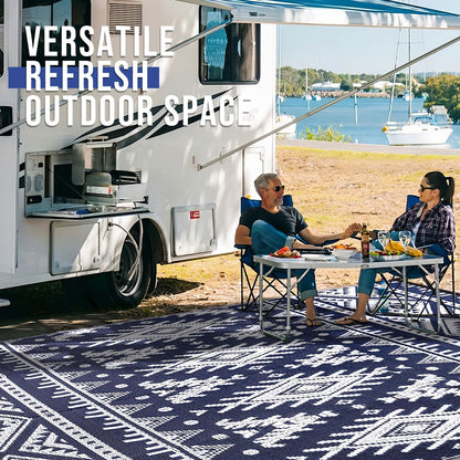 OLANLY Outdoor Rug Waterproof 9x18 ft, Reversible Outdoor Plastic Straw Rug, Boho Patio Rug, Indoor Outdoor Carpet, RV Mat Outside for Patio, Camp, Picnic, Balcony, Deck, Backyard, Navy & White
