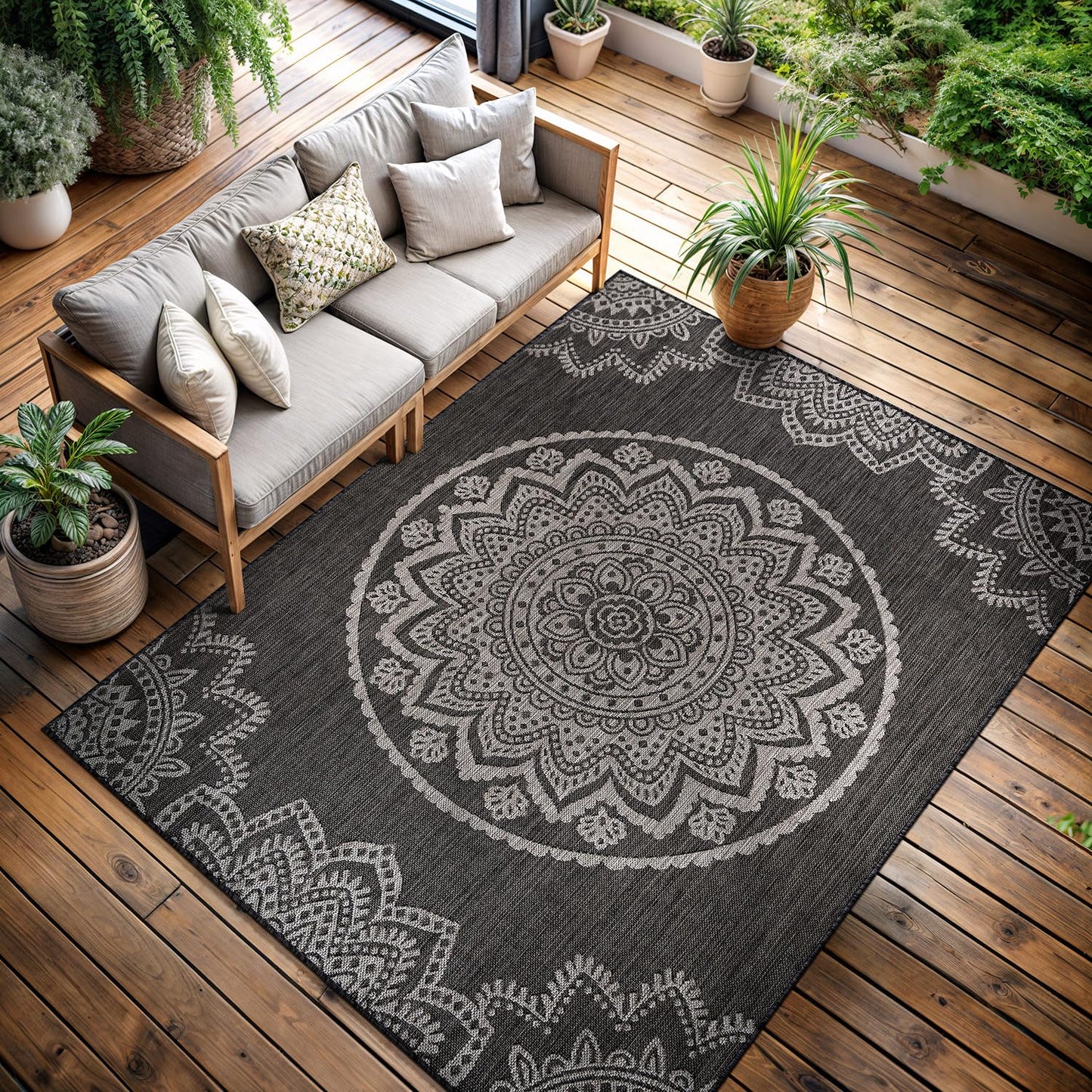 CAMILSON Outdoor Rug 8x10 Modern Area Rugs for Indoor and Outdoor Patios and Porches - Waterproof, Non-Shedding, Easy-to-Clean Outside Carpet (8 x 10, Medallion - Dark Grey/Light Grey)